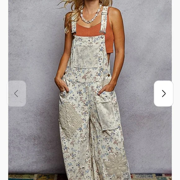 POL Floral Patchwork Overalls in Cream and Blue Lace Flare Boho Size Small! - Picture 1 of 5